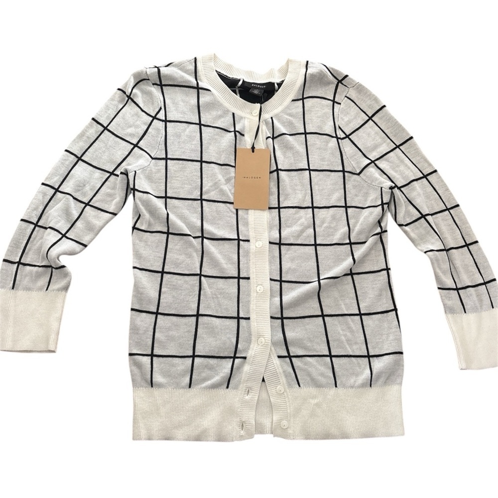 Halogen Windowpane Grid Cardigan NWT Nordstrom Ivory Black Small Petite